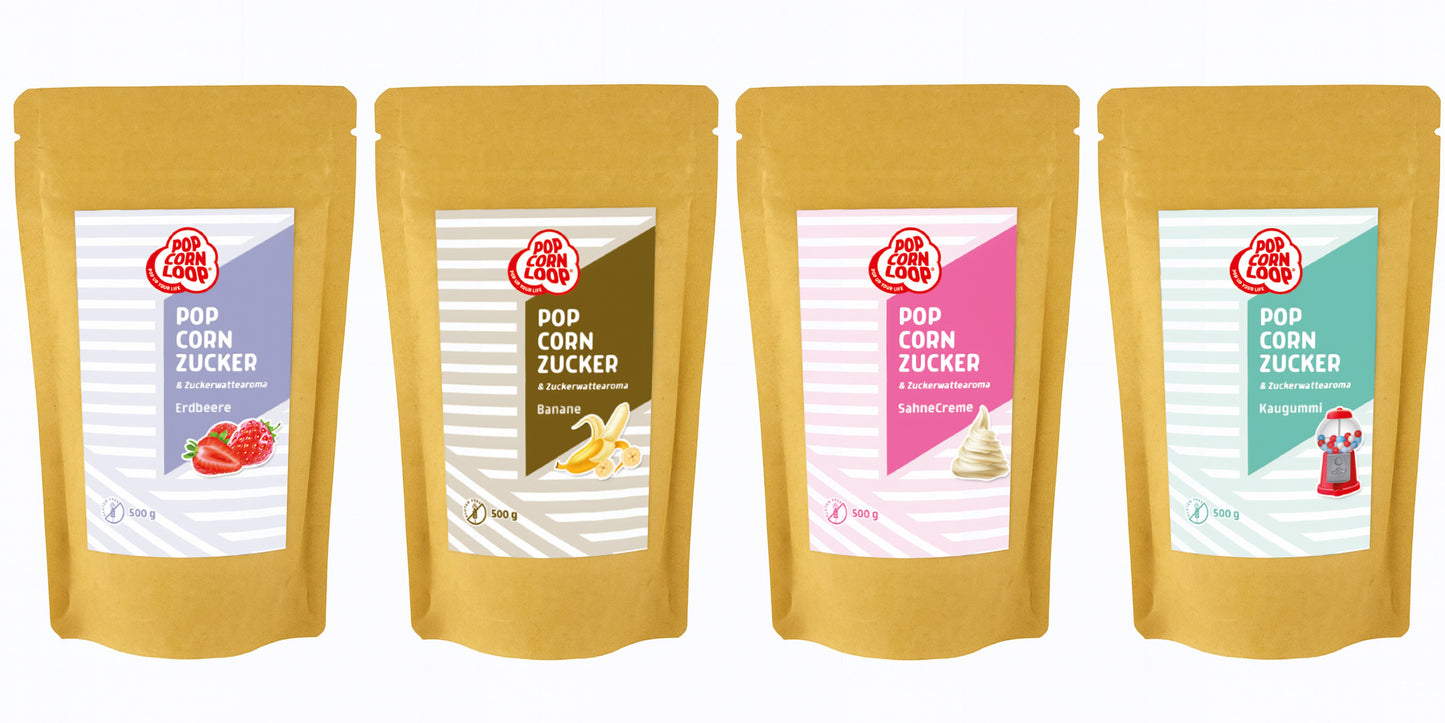 4 pack popcorn and cotton candy sugar I strawberry 200g I banana 200g I chewing gum 200g I cream 200g
