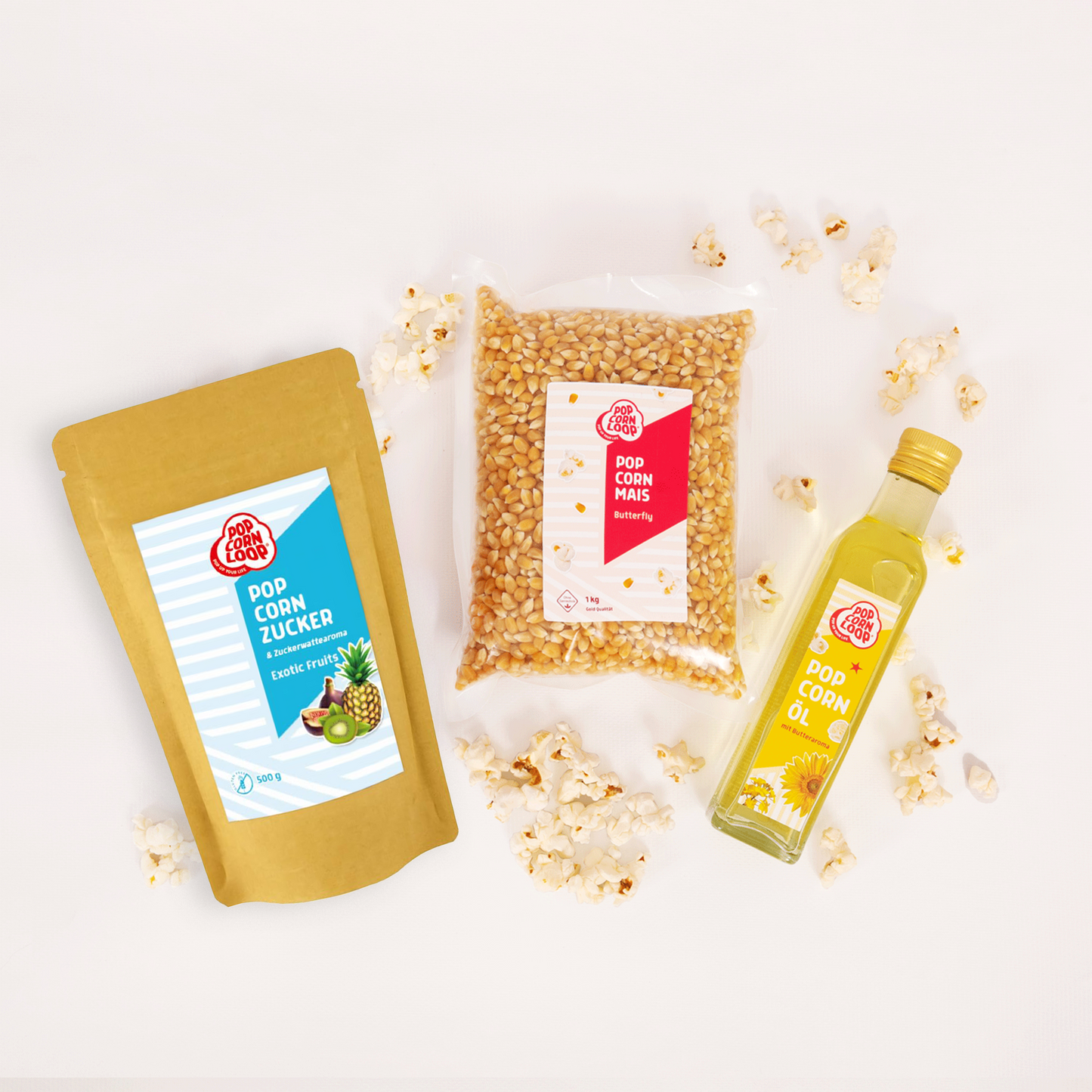Popcorn Zutaten Set | Himbeere | 1kg "Butterfly" Premium Mais, 500g Himbeer-Zucker | 250ml Popcornöl Mit Butteraroma