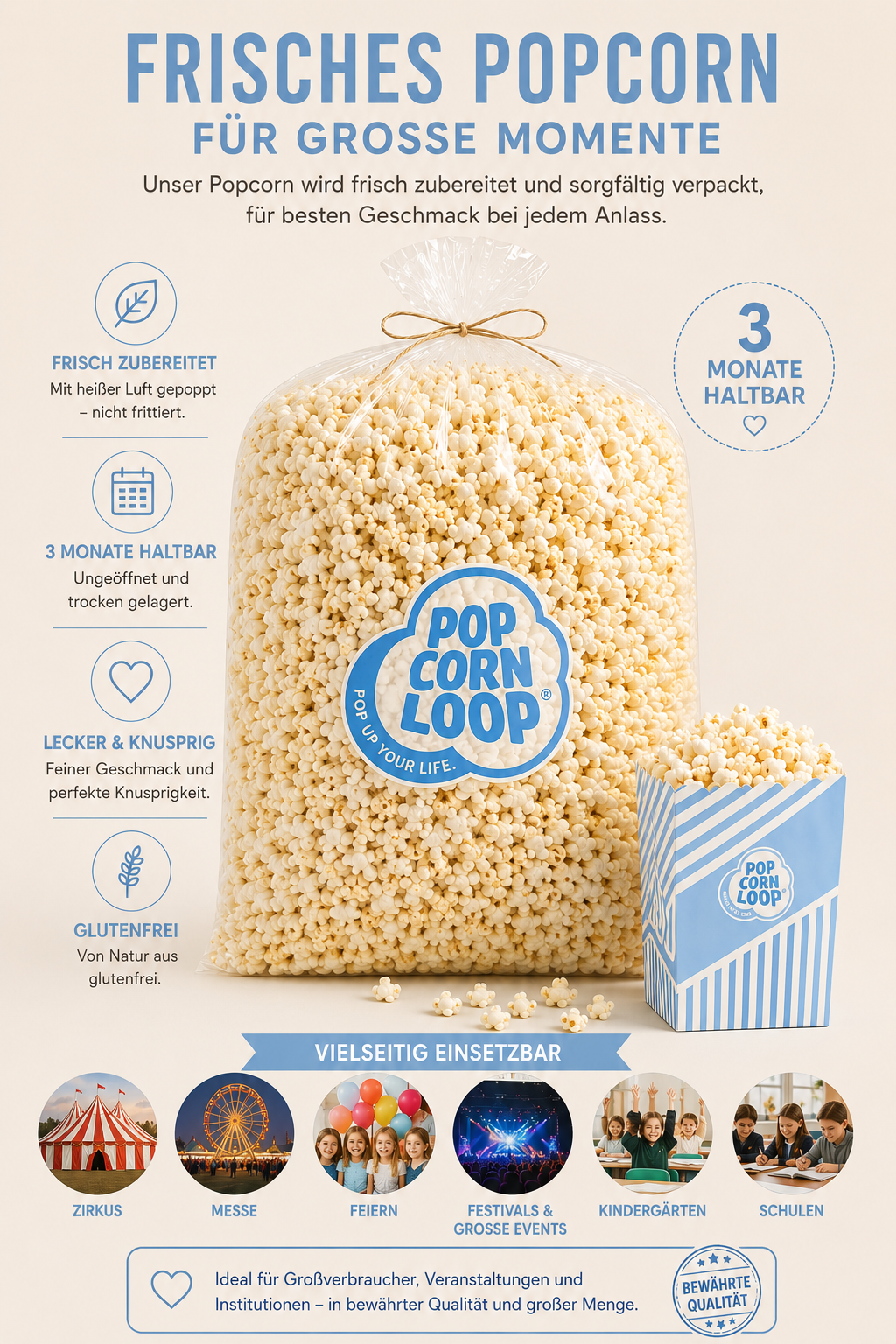 Popcornloop Kino Popcorn salzig 2,8 kg ca.100L Option: Auswahl mit oder ohne Popcorntüten (70 Stk.)