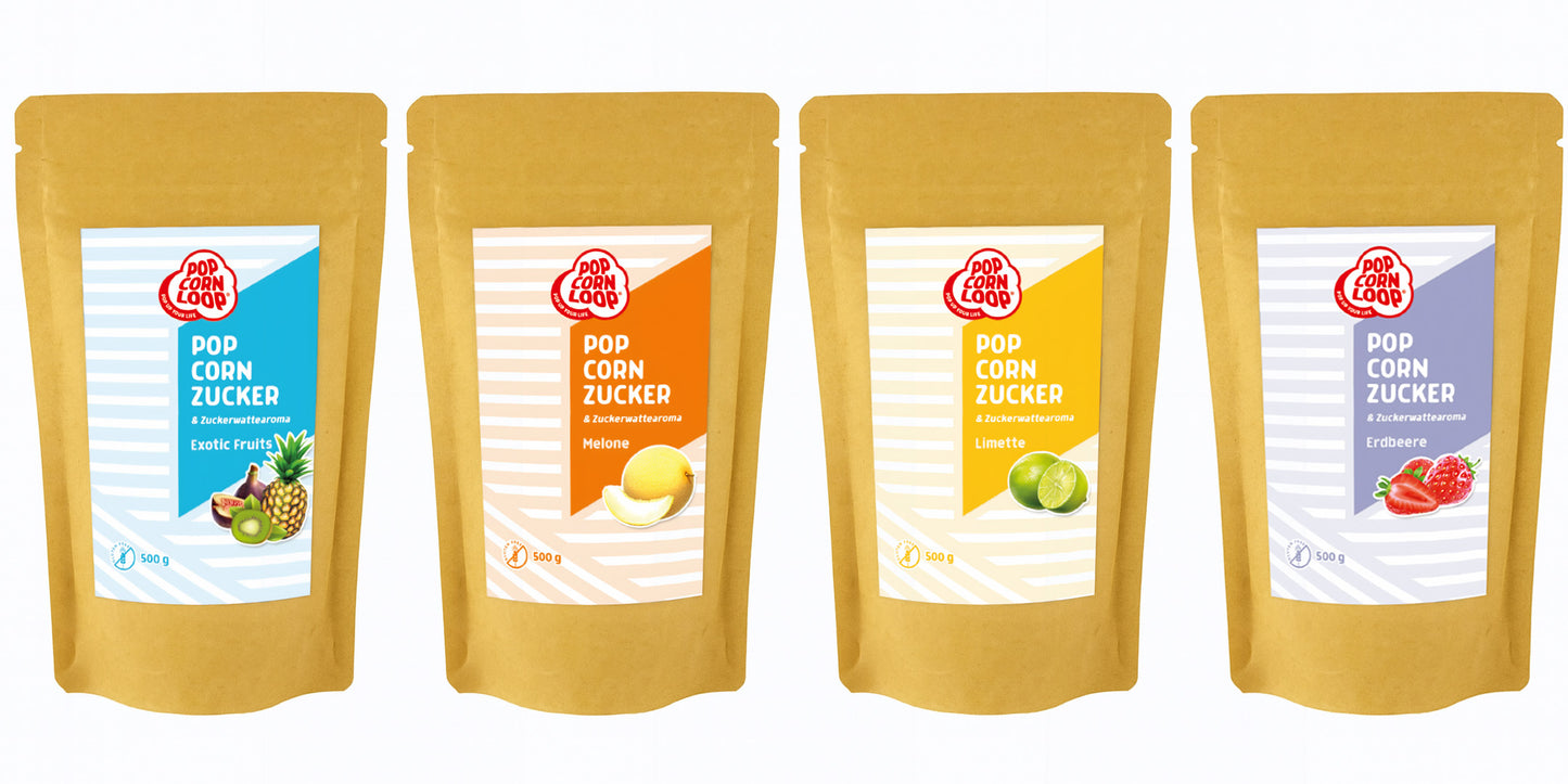 4-pack popcorn and cotton candy Sugar I Strawberry 200g I Lime 200g I Melon 200g I Exotic Fruits 200g