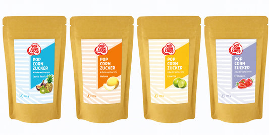 4er- Pack  Popcorn und Zuckerwatte Zucker Exotic Fruits 500g I Melone 500g I Limette 500g I Erdbeere 500g