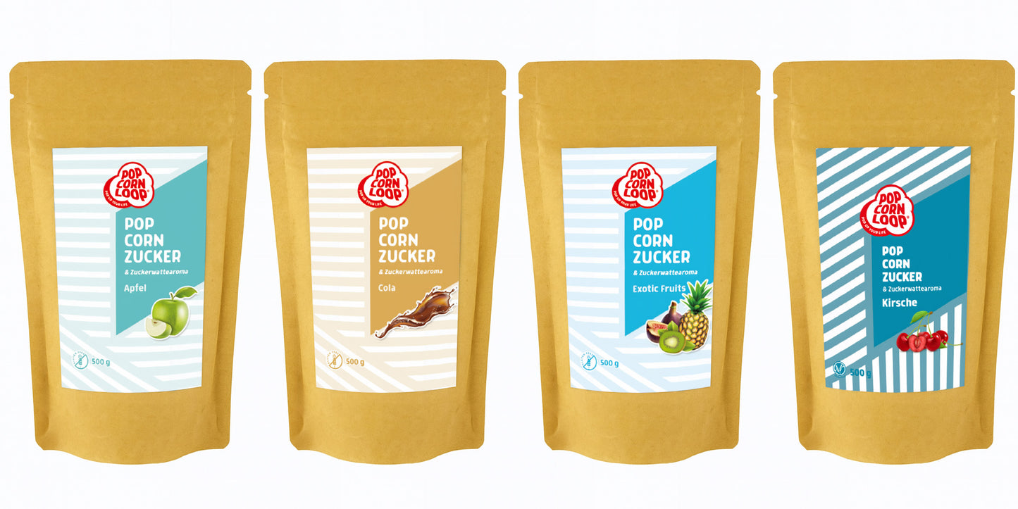 4 pack of popcorn and cotton candy Sugar I Exotic Fruits 200g I Apple 200g I Cola 200g I Blueberry 200g