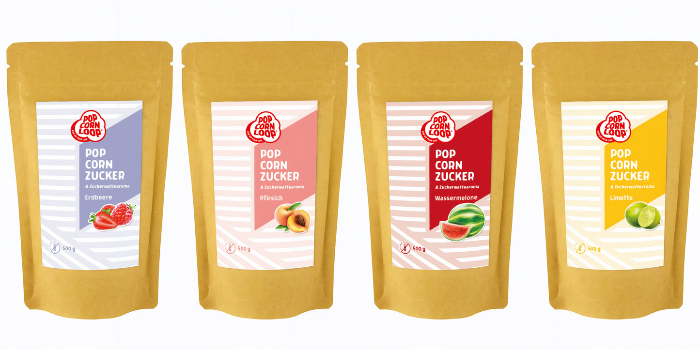 4-pack popcorn and cotton candy sugar I watermelon 200g I strawberry 200g I peach 200g I lime 200g
