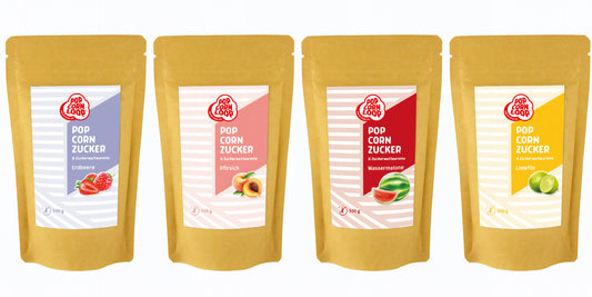 4 er- Pack  Popcorn und Zuckerwatte Zucker I Wassermelone 500g I Erdbeere 500g  I Pfirsich 500g I Limette 500g