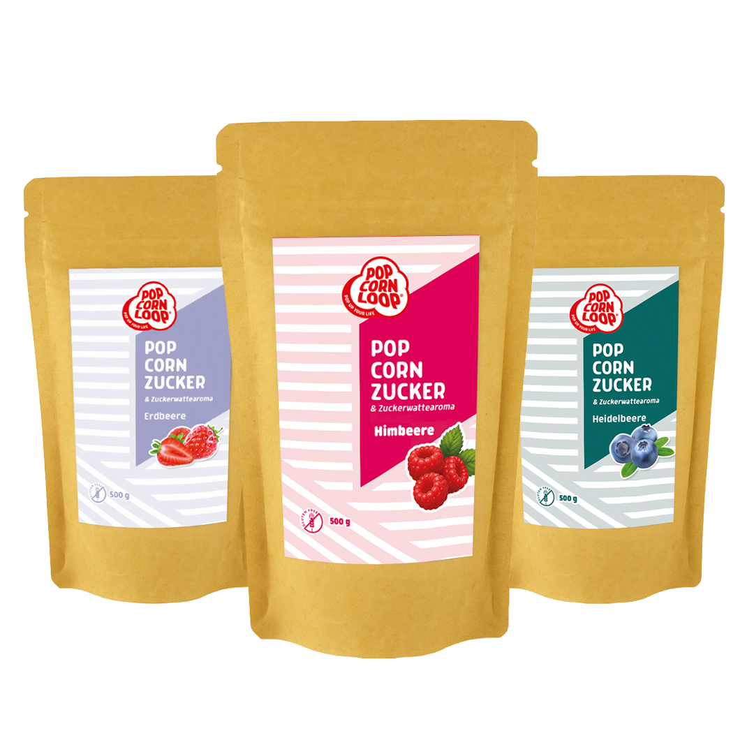 3 er- Pack  Popcorn und Zuckerwatte Zucker BERRY BOMB I Erdbeere 500g  I Himbeere 500g I Heidelbeere 500g