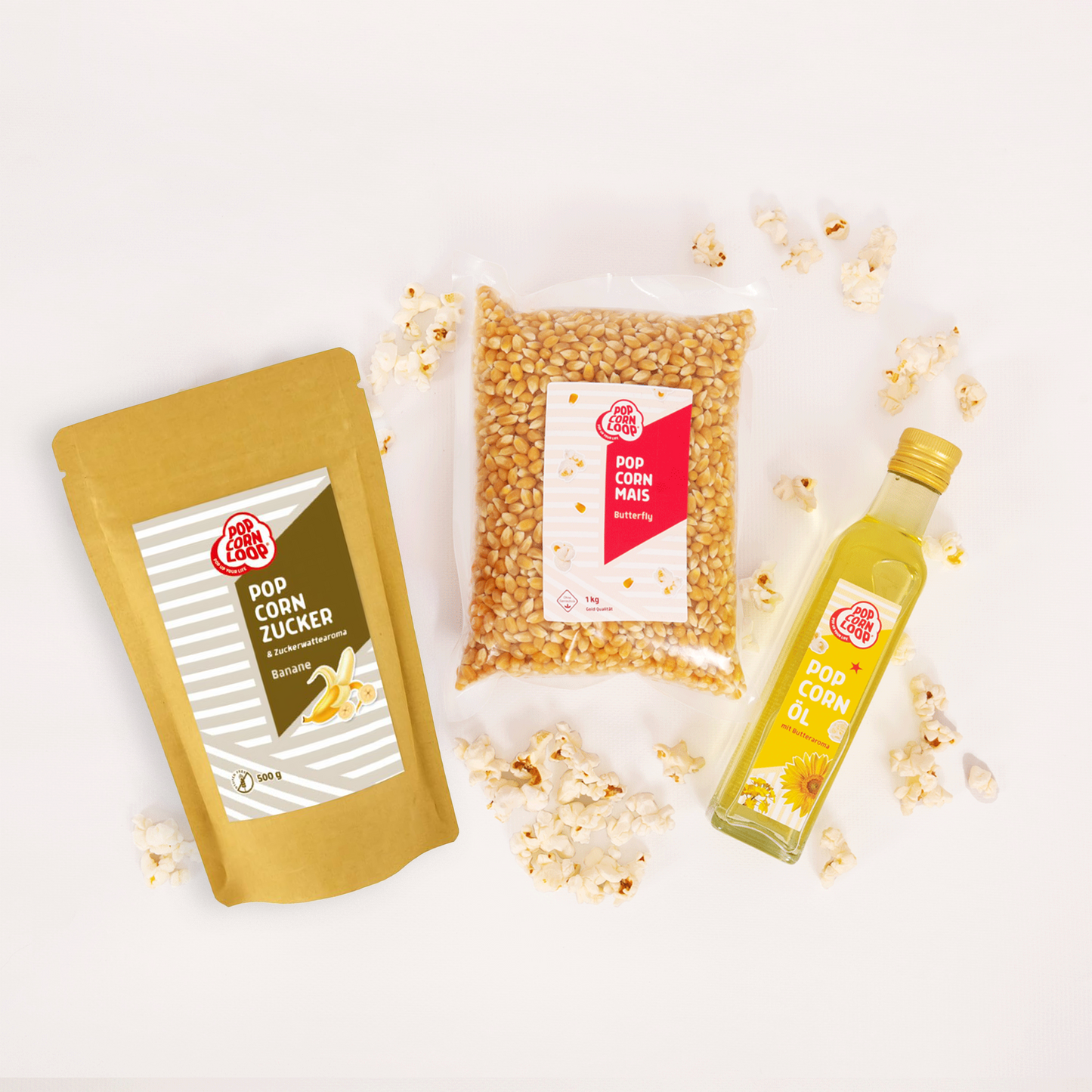 Popcorn Zutaten Set | Himbeere | 1kg "Butterfly" Premium Mais, 500g Himbeer-Zucker | 250ml Popcornöl Mit Butteraroma