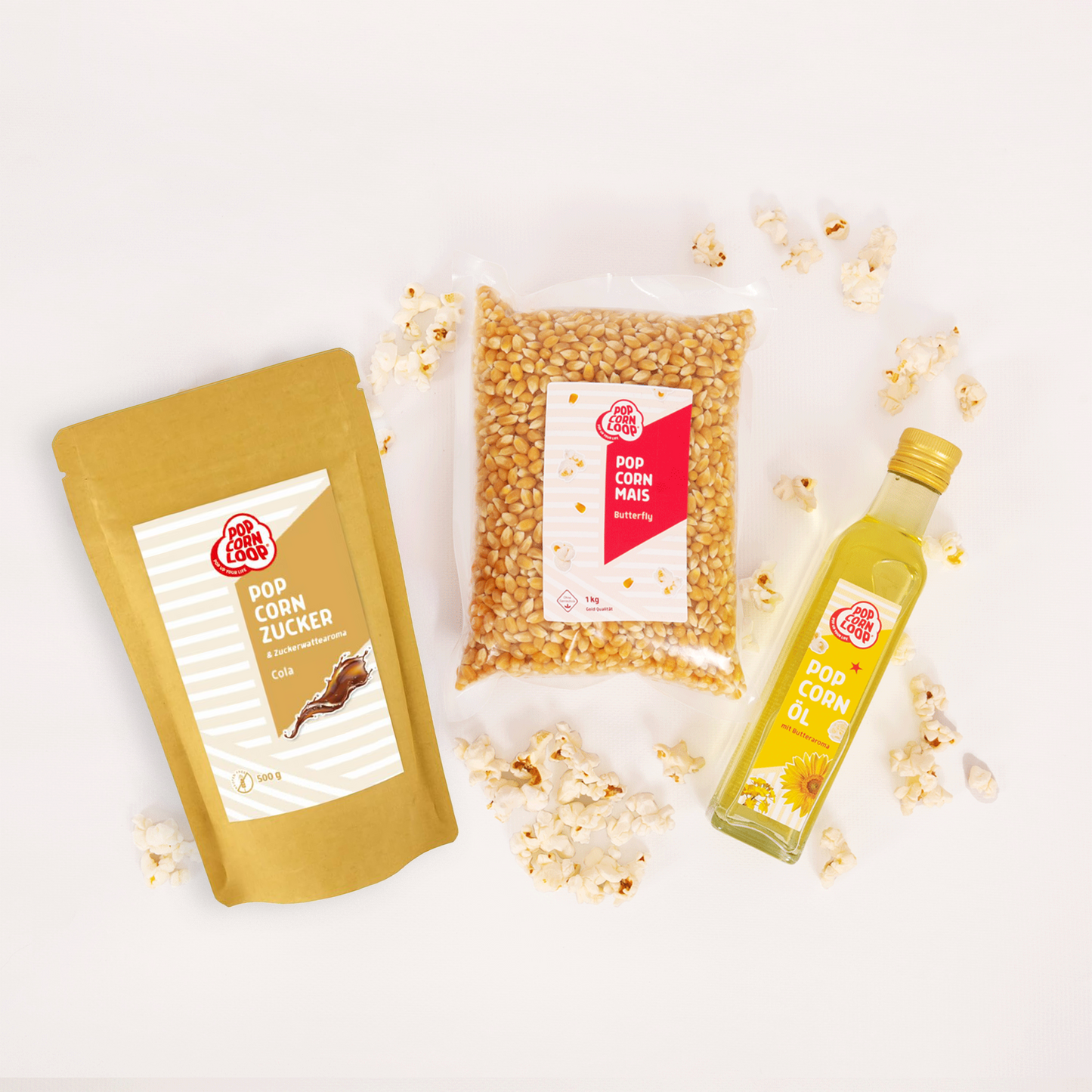 Popcorn Zutaten Set | Himbeere | 1kg "Butterfly" Premium Mais, 500g Himbeer-Zucker | 250ml Popcornöl Mit Butteraroma