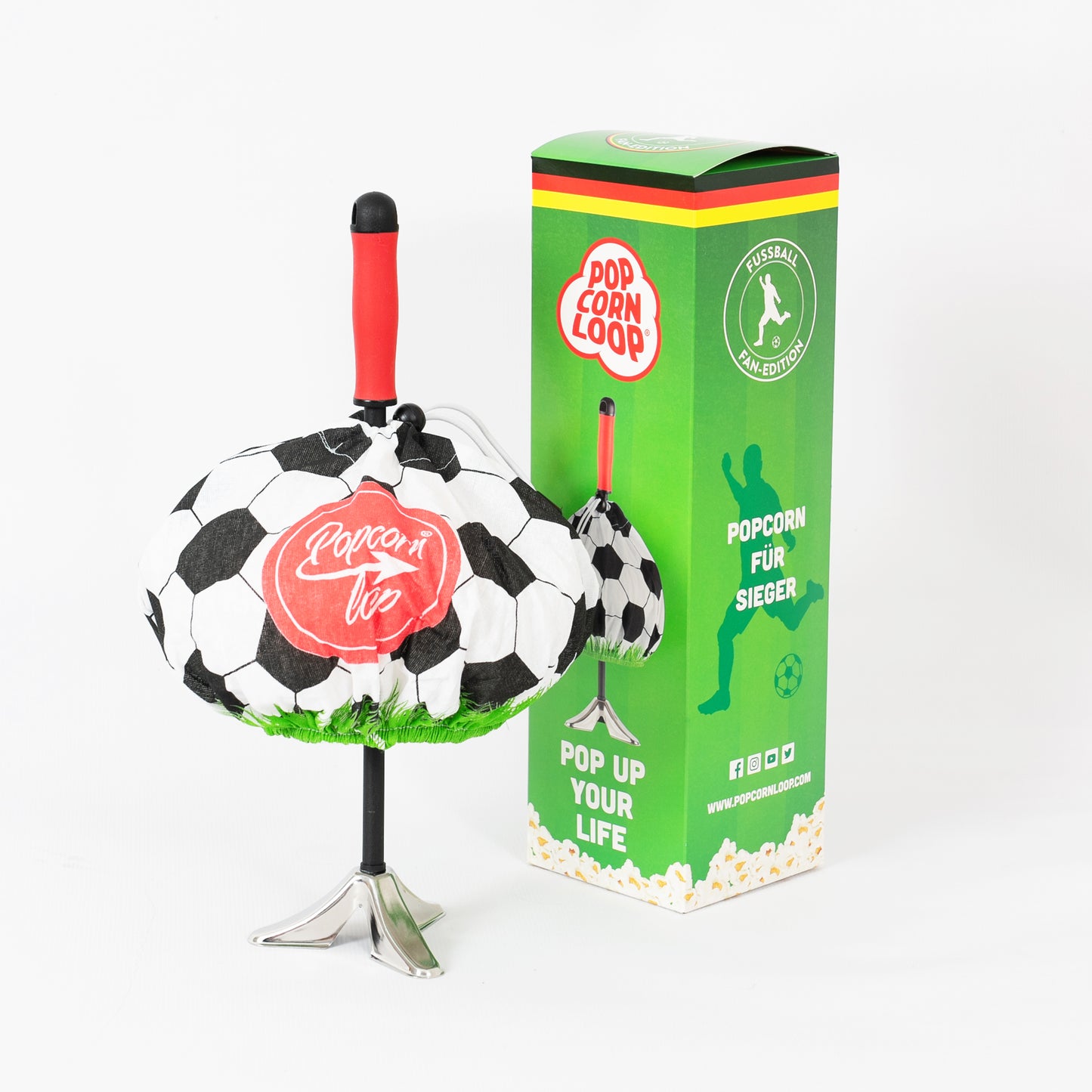 Fussball-Set: Popcornloop mit Fussballhaube I Butterfly 500g I 12 Stk Fussballtüten