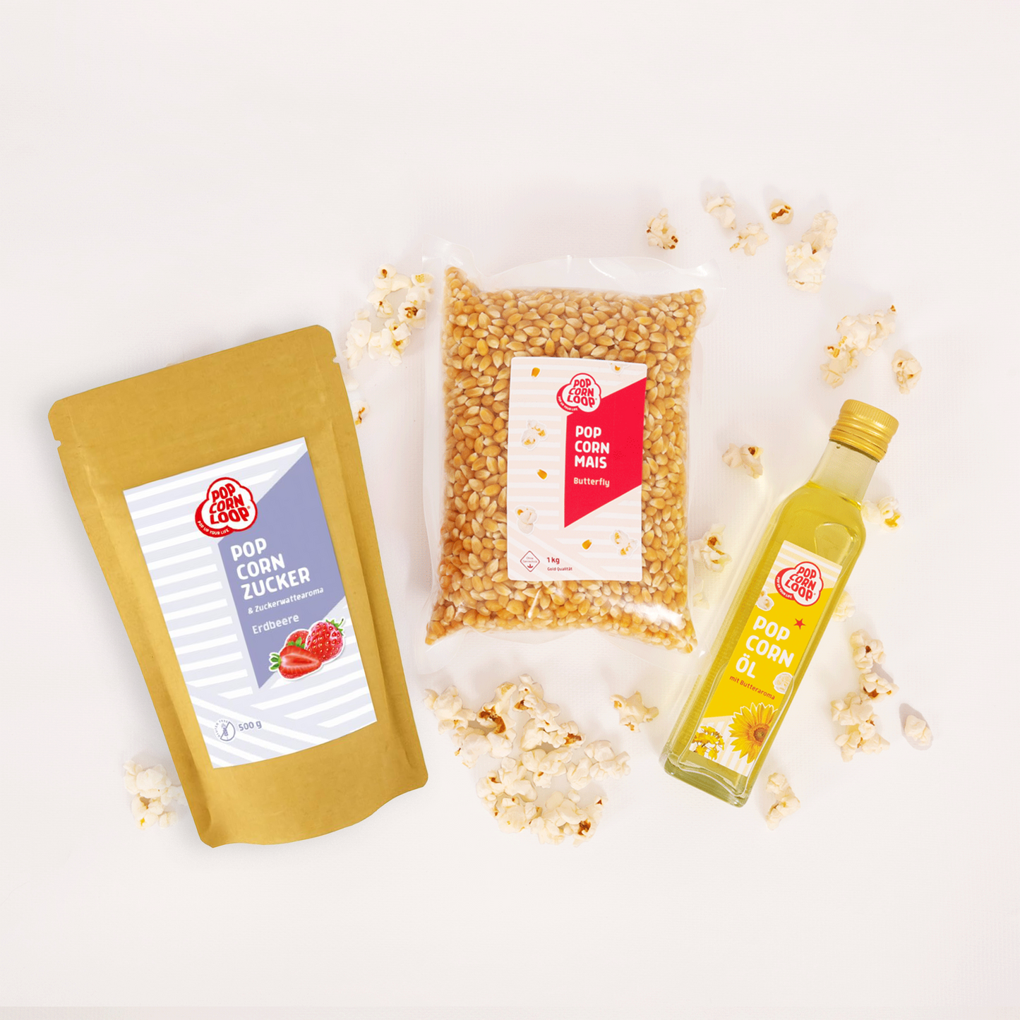 Popcorn Zutaten Set | Himbeere | 1kg "Butterfly" Premium Mais, 500g Himbeer-Zucker | 250ml Popcornöl Mit Butteraroma