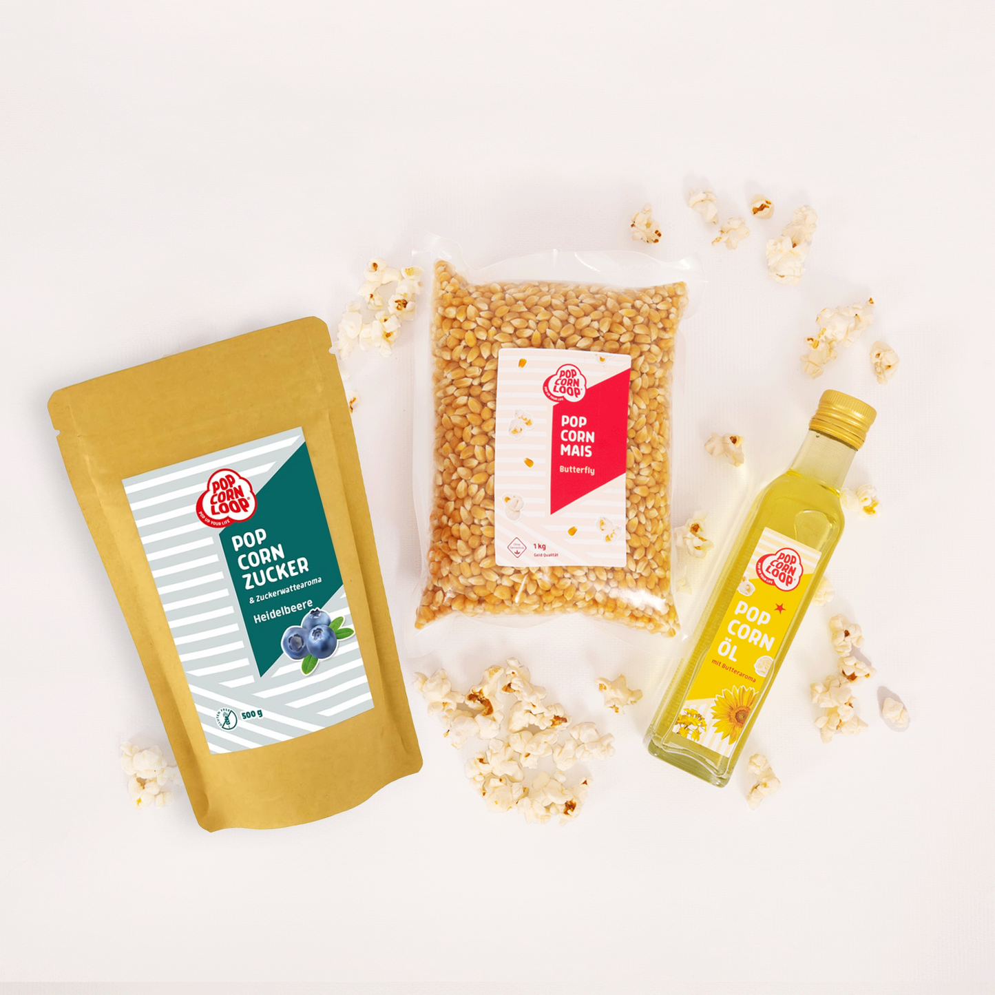 Popcorn Zutaten Set | Himbeere | 1kg "Butterfly" Premium Mais, 500g Himbeer-Zucker | 250ml Popcornöl Mit Butteraroma