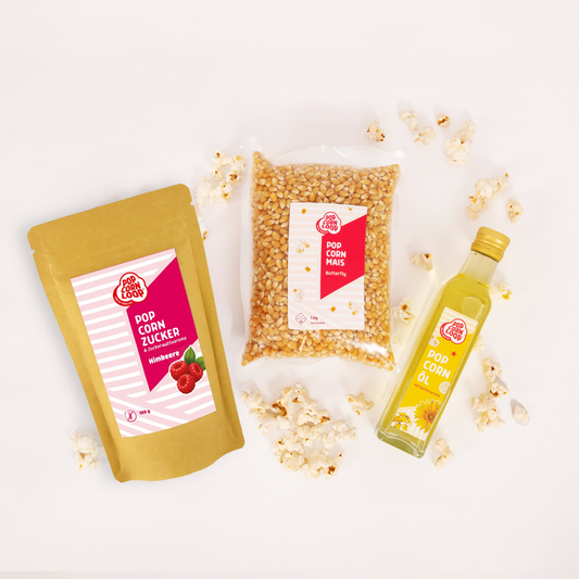 Popcorn Zutaten Set | Himbeere | 1kg "Butterfly" Premium Mais, 500g Himbeer-Zucker | 250ml Popcornöl Mit Butteraroma