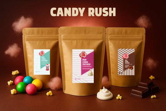 3er- Pack  Popcorn und Zuckerwatte Zucker CANDY RUSH I Kaugummi 500g I Schokolade 500g I Sahne Creme 500g
