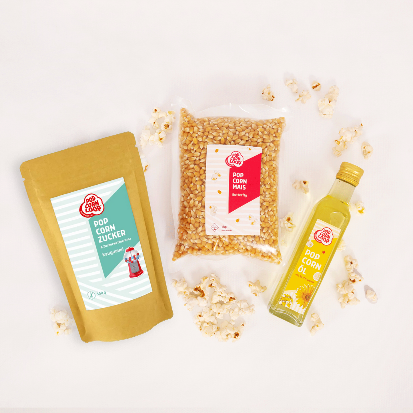Popcorn Zutaten Set | Himbeere | 1kg "Butterfly" Premium Mais, 500g Himbeer-Zucker | 250ml Popcornöl Mit Butteraroma