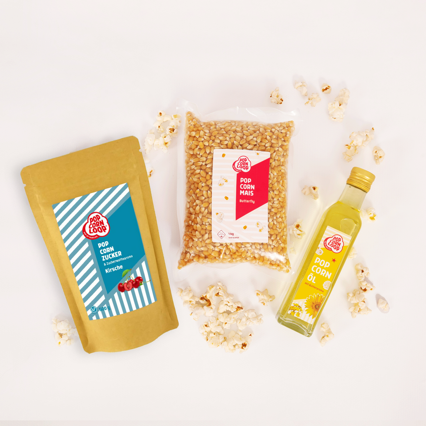 Popcorn Zutaten Set | Himbeere | 1kg "Butterfly" Premium Mais, 500g Himbeer-Zucker | 250ml Popcornöl Mit Butteraroma