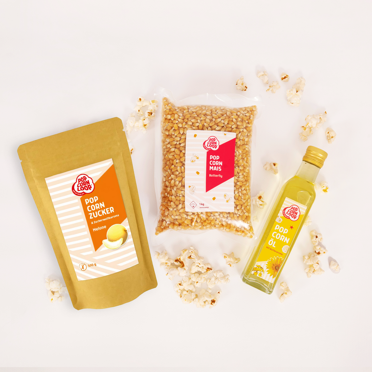 Popcorn Zutaten Set | Himbeere | 1kg "Butterfly" Premium Mais, 500g Himbeer-Zucker | 250ml Popcornöl Mit Butteraroma