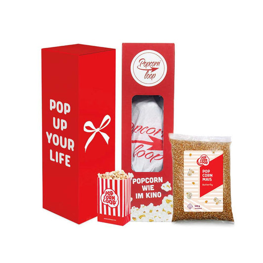 Firmenpräsent Set: Popcornloop I Butterfly 500g I 5 Stk Popcorntüten I Geschenkverpackung
