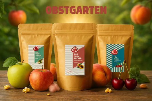 3er- Pack  Popcorn und Zuckerwatte Zucker OBSTGARTEN I Apfel 500g I  Pfirsich 500g I  Kirsche 500g