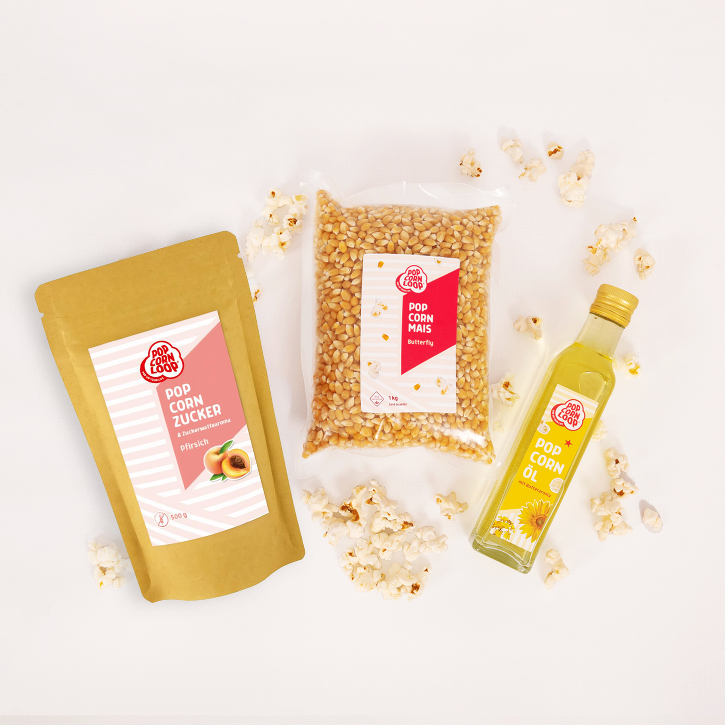 Popcorn Zutaten Set | Himbeere | 1kg "Butterfly" Premium Mais, 500g Himbeer-Zucker | 250ml Popcornöl Mit Butteraroma