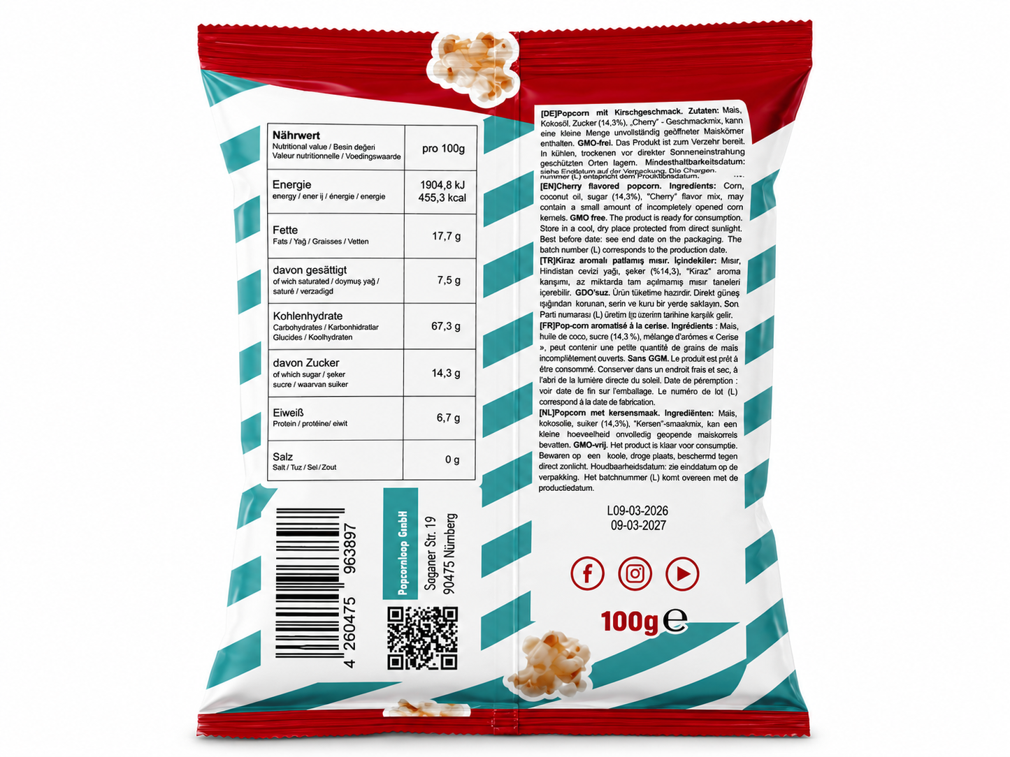 Popcorn Flavor Kirsche Popcorn 100g – Fertig gepopptes Popcorn mit Kirschgeschmack