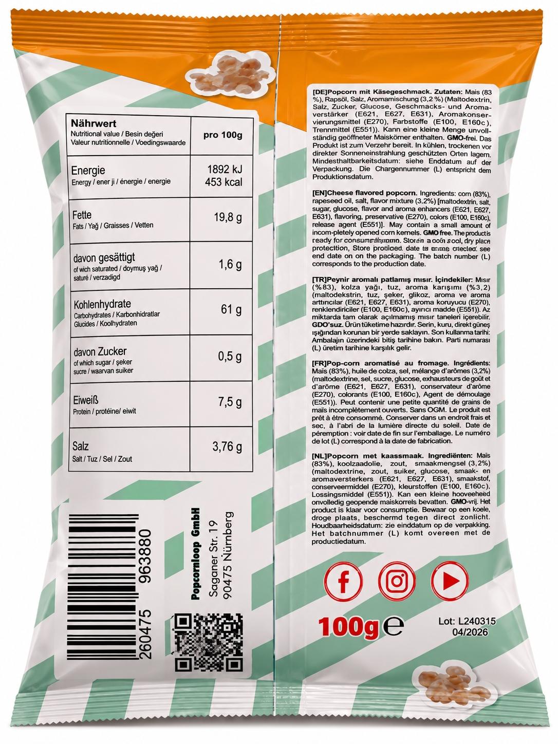 Popcorn Flavor Käse Popcorn 100g – Fertig gepopptes Popcorn mit Käsegeschmack