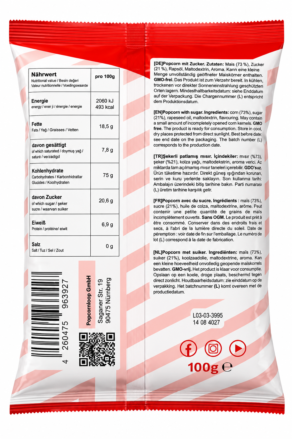 Popcorn Flavor Süß Popcorn 100g – Fertig gepopptes Popcorn mit Zucker