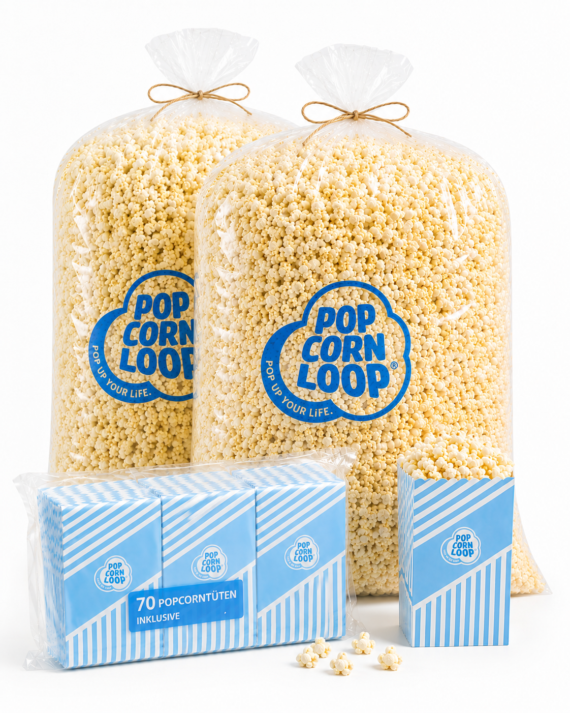 Popcornloop Kino Popcorn salzig 2,8 kg ca.100L Option: Auswahl mit oder ohne Popcorntüten (70 Stk.)