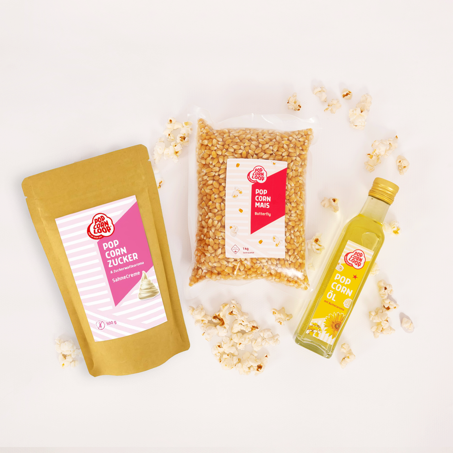 Popcorn Zutaten Set | Himbeere | 1kg "Butterfly" Premium Mais, 500g Himbeer-Zucker | 250ml Popcornöl Mit Butteraroma