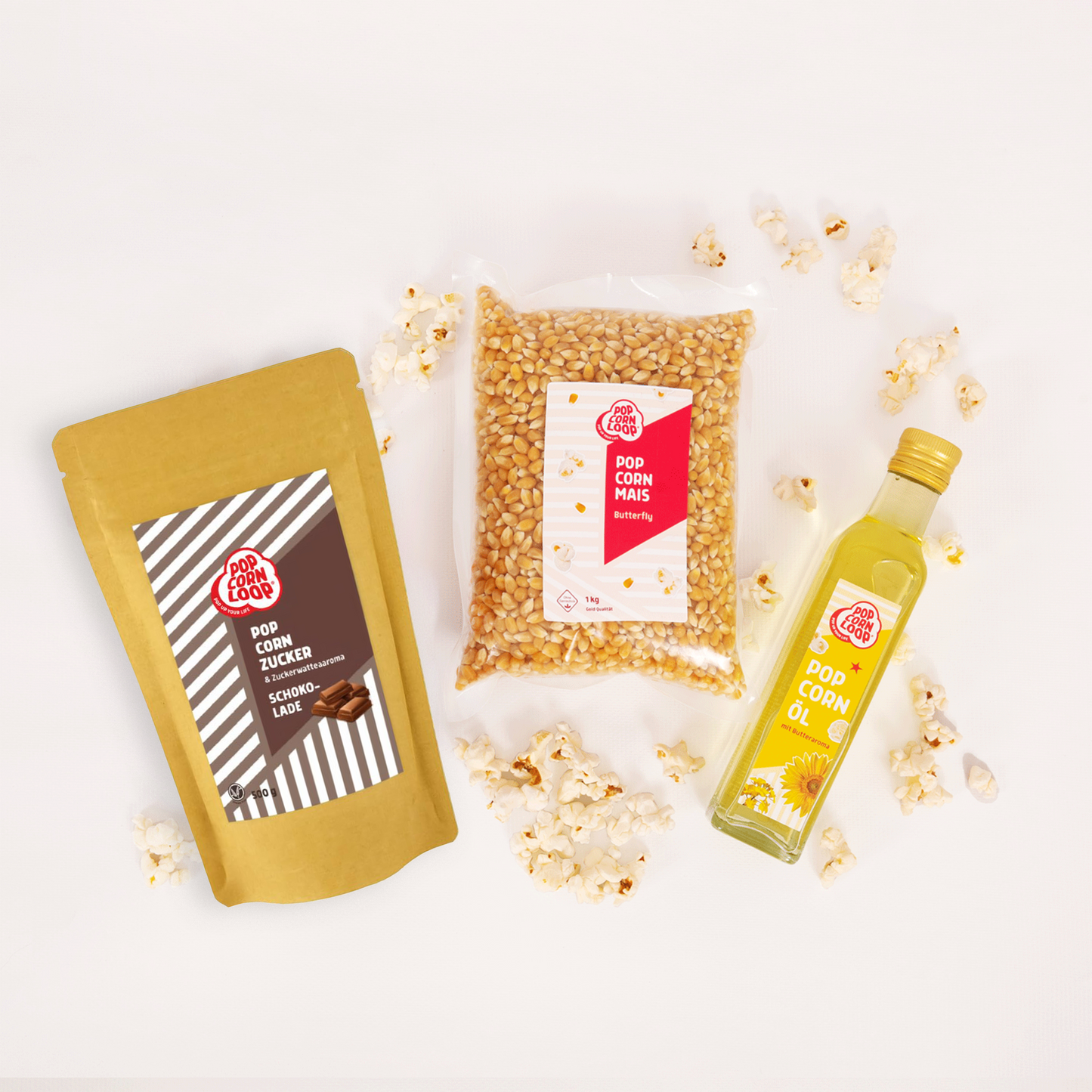 Popcorn Zutaten Set | Himbeere | 1kg "Butterfly" Premium Mais, 500g Himbeer-Zucker | 250ml Popcornöl Mit Butteraroma