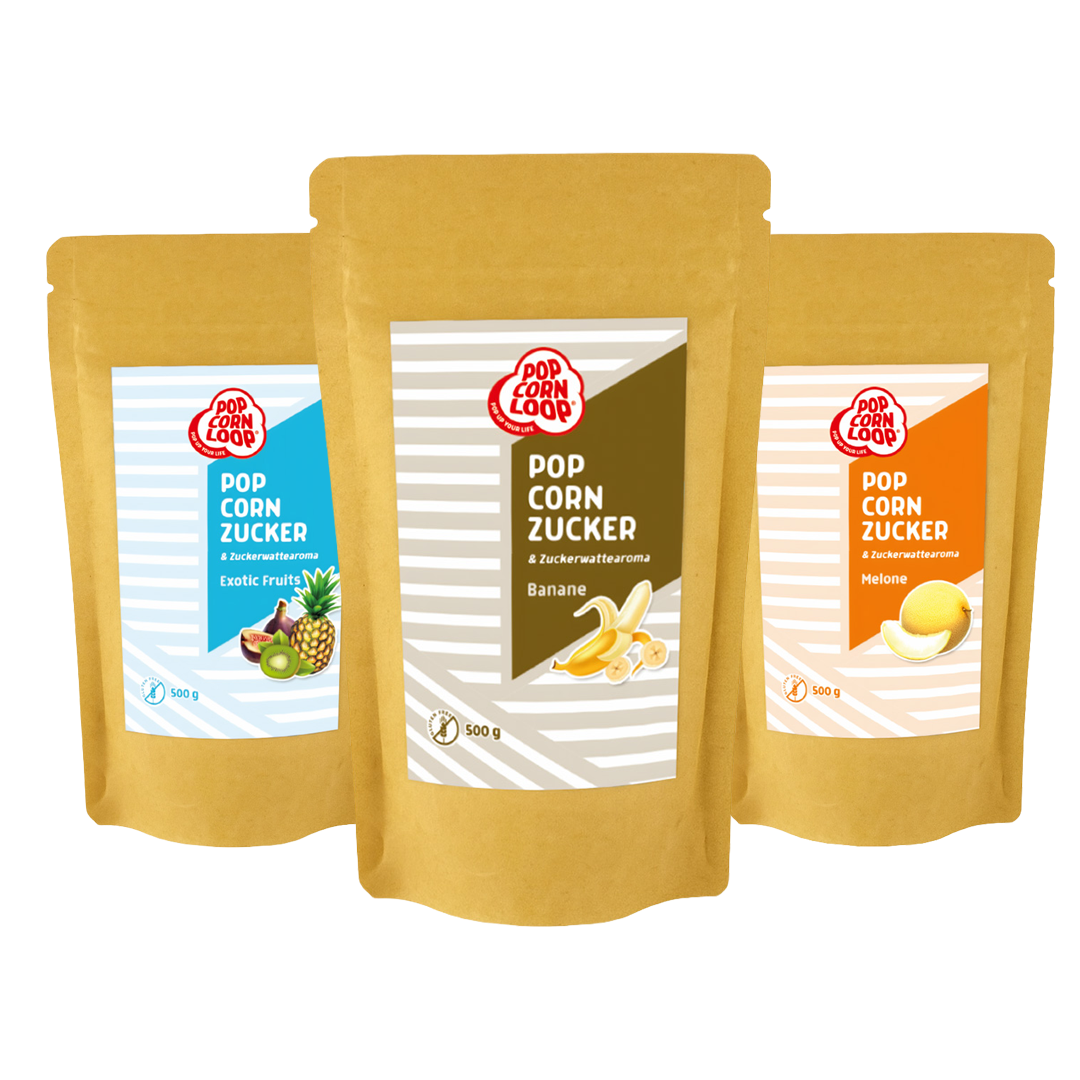 4-pack popcorn and cotton candy Sugar I Strawberry 200g I Lime 200g I Melon 200g I Exotic Fruits 200g