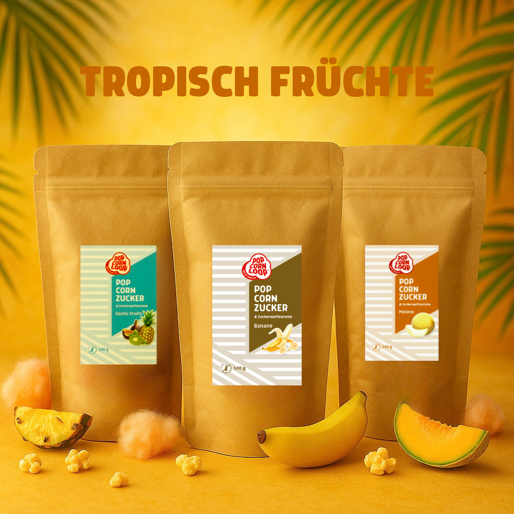 4-pack popcorn and cotton candy Sugar I Strawberry 200g I Lime 200g I Melon 200g I Exotic Fruits 200g