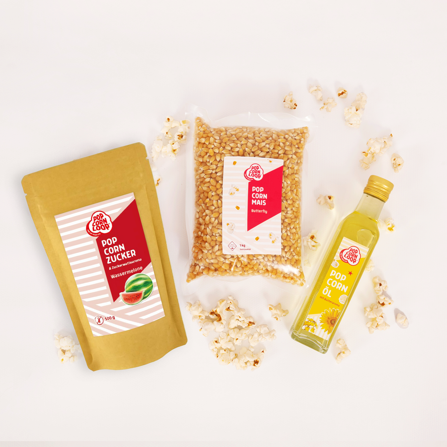 Popcorn Zutaten Set | Himbeere | 1kg "Butterfly" Premium Mais, 500g Himbeer-Zucker | 250ml Popcornöl Mit Butteraroma