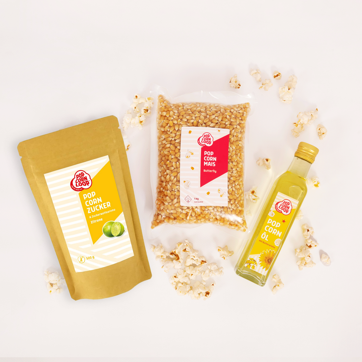 Popcorn Zutaten Set | Himbeere | 1kg "Butterfly" Premium Mais, 500g Himbeer-Zucker | 250ml Popcornöl Mit Butteraroma