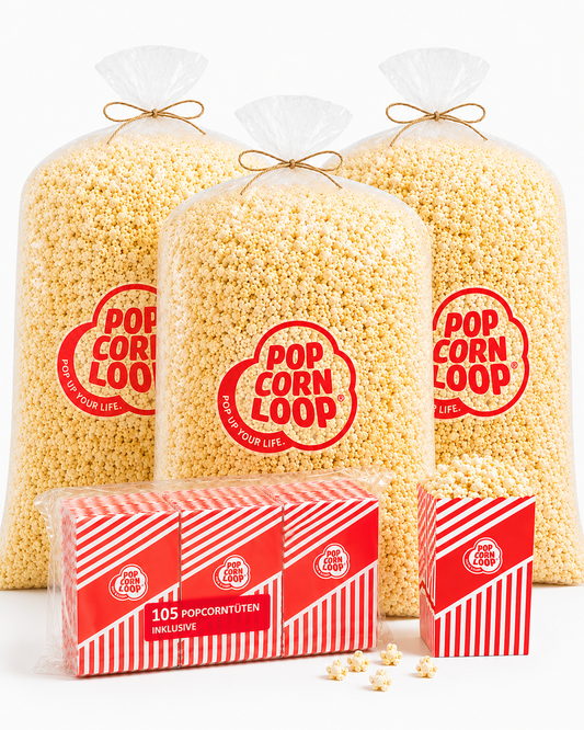 Popcornloop Kino Popcorn Sack Süß ca.150 Liter 6 kg Option: Auswahl mit oder ohne Popcorntüten (105 Stk.)