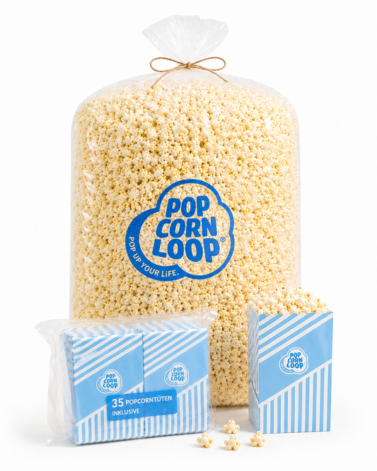 Popcornloop Kino Popcorn Salzig 1,4 kg ca. 50 Liter Option: Auswahl mit oder ohne Popcorntüten (35 Stk.)