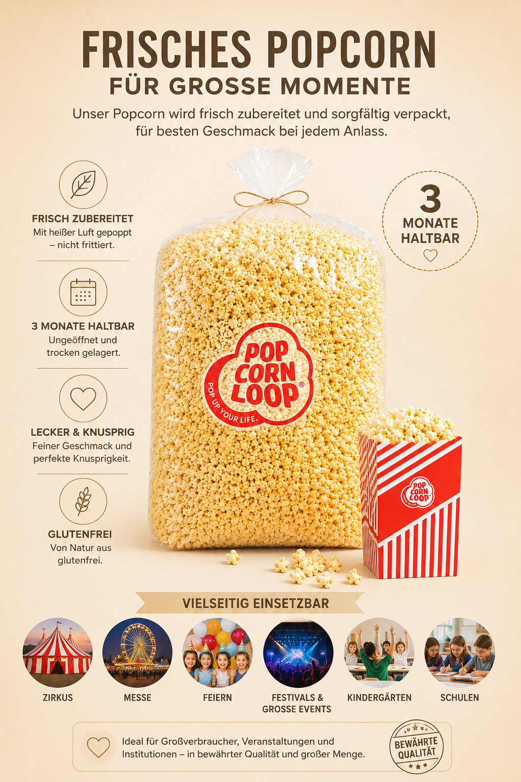 Popcornloop cinema popcorn bag sweet approx. 100 liters 4 kg including 80 popcorn bags
