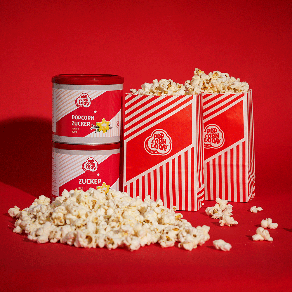 The starter package: popcorn loop, butterfly, mushroom, 10 popcorn bags, oil, spice of your choice, additional hood,
