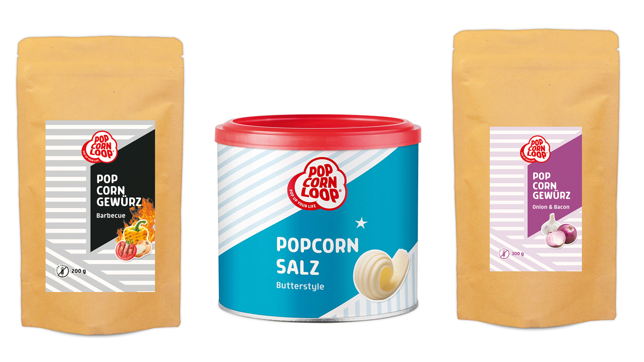 Produkte 3 er- Pack Popcorn Herzhaftes Gewürzset I Barbecue Style 200g I Salz mit Butteraroma 300g I Onion & Bacon 300g